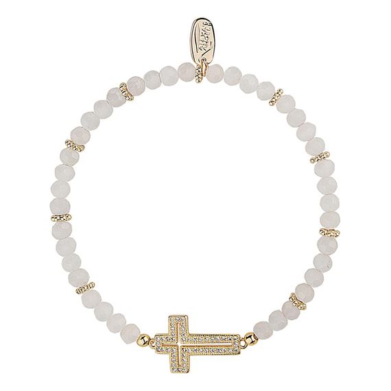 GOLD CROSS WITH WHITE BEADS STRETCH BRACELET